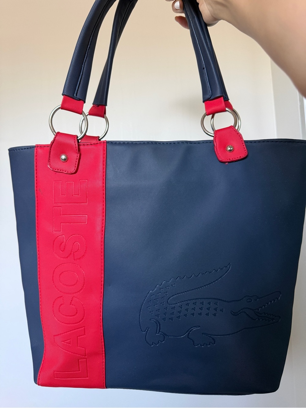 Lacoste Navy Tote with Red Accent Panel and Handles - Picture 2 of 5